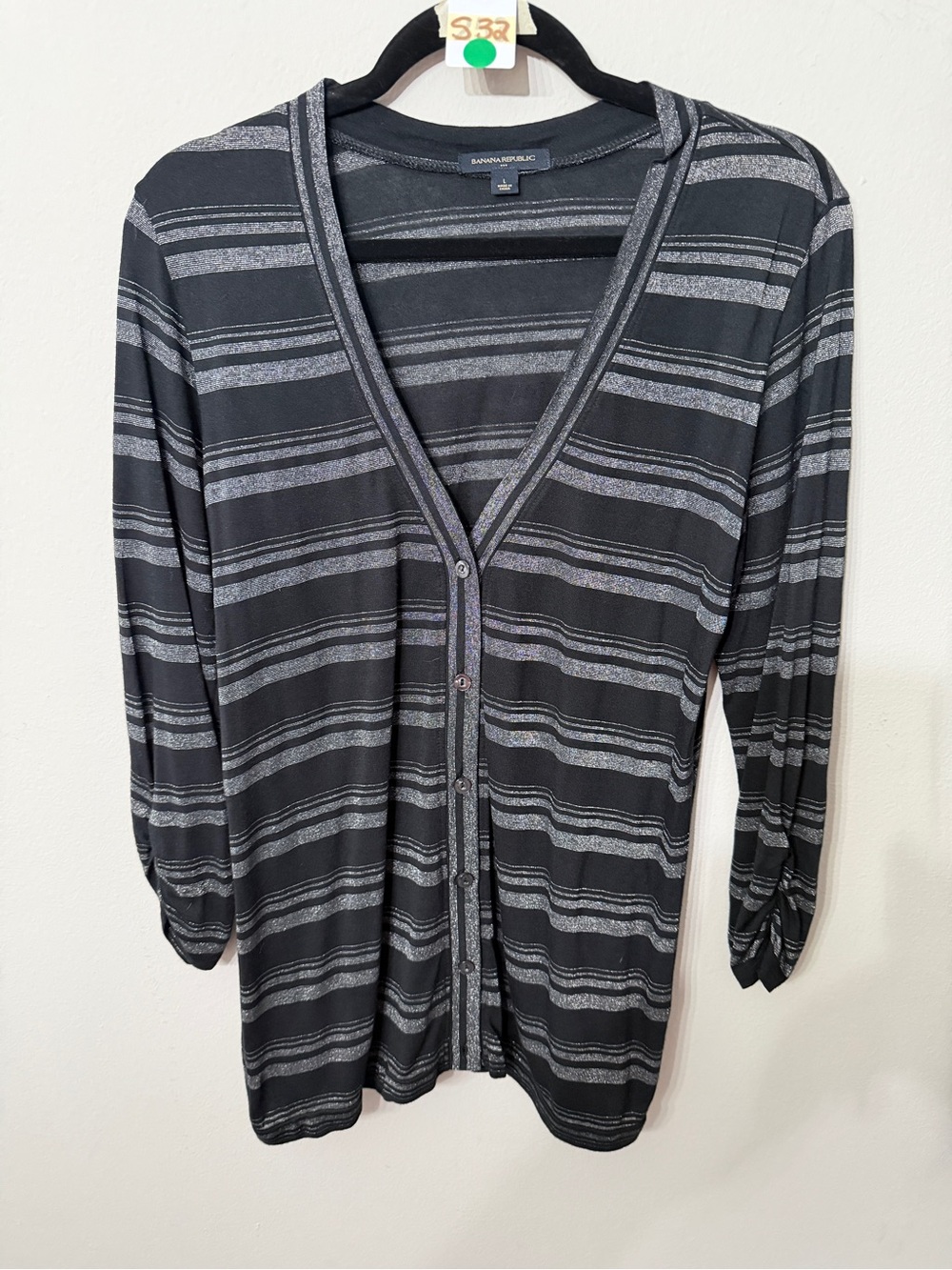 Banana Republic Black & Gray Striped Button-Front Hoodie Cardigan Size Large